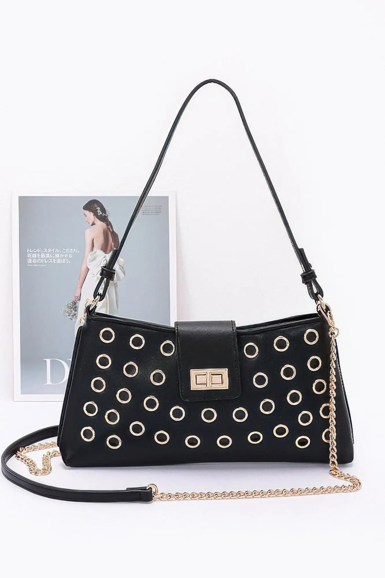 Faux Leather Eyelet Studded Shoulder Bag - Couture Envy
