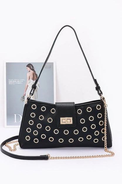 Faux Leather Eyelet Studded Shoulder Bag - Couture Envy