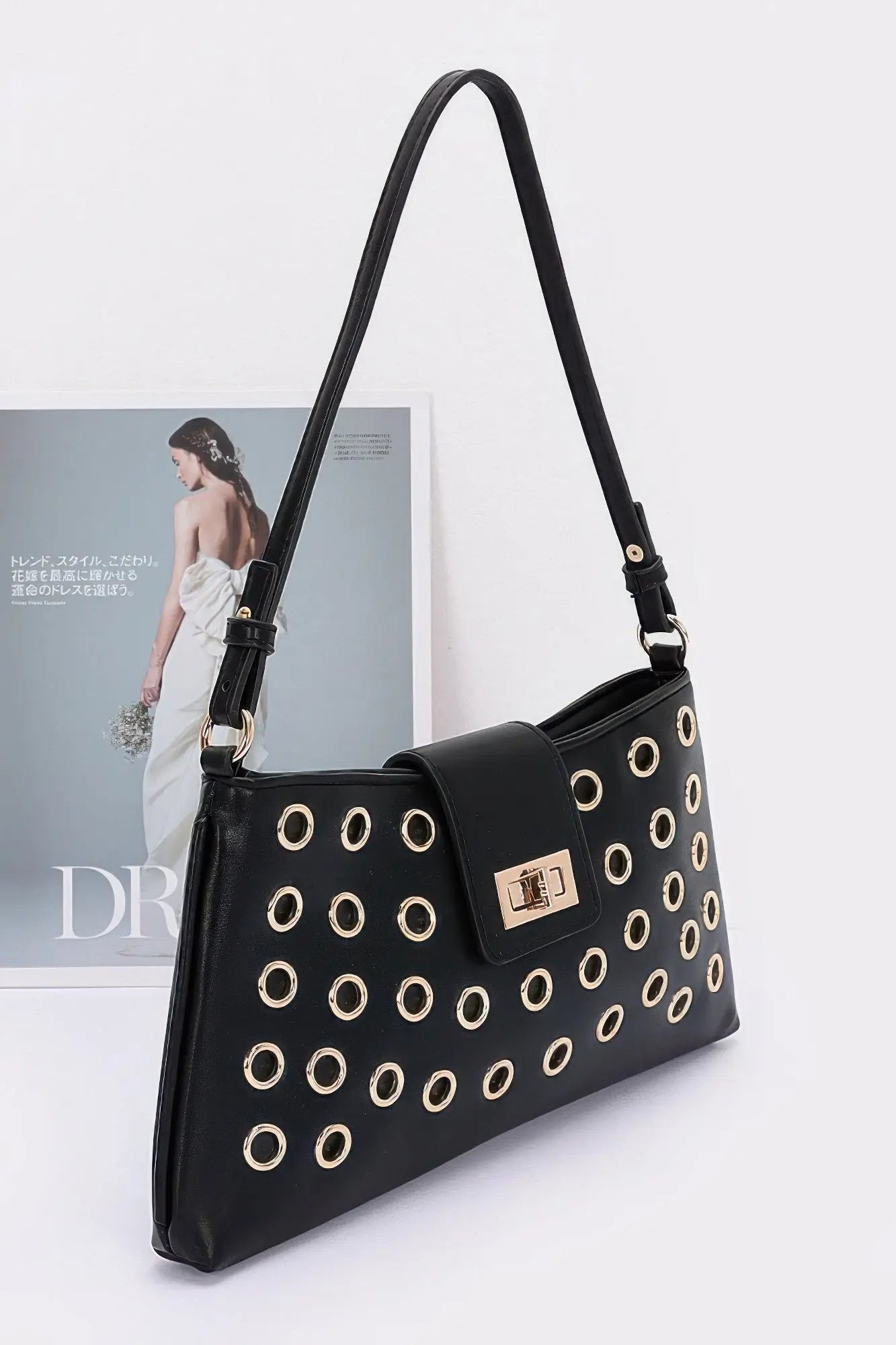 Faux Leather Eyelet Studded Shoulder Bag - Couture Envy