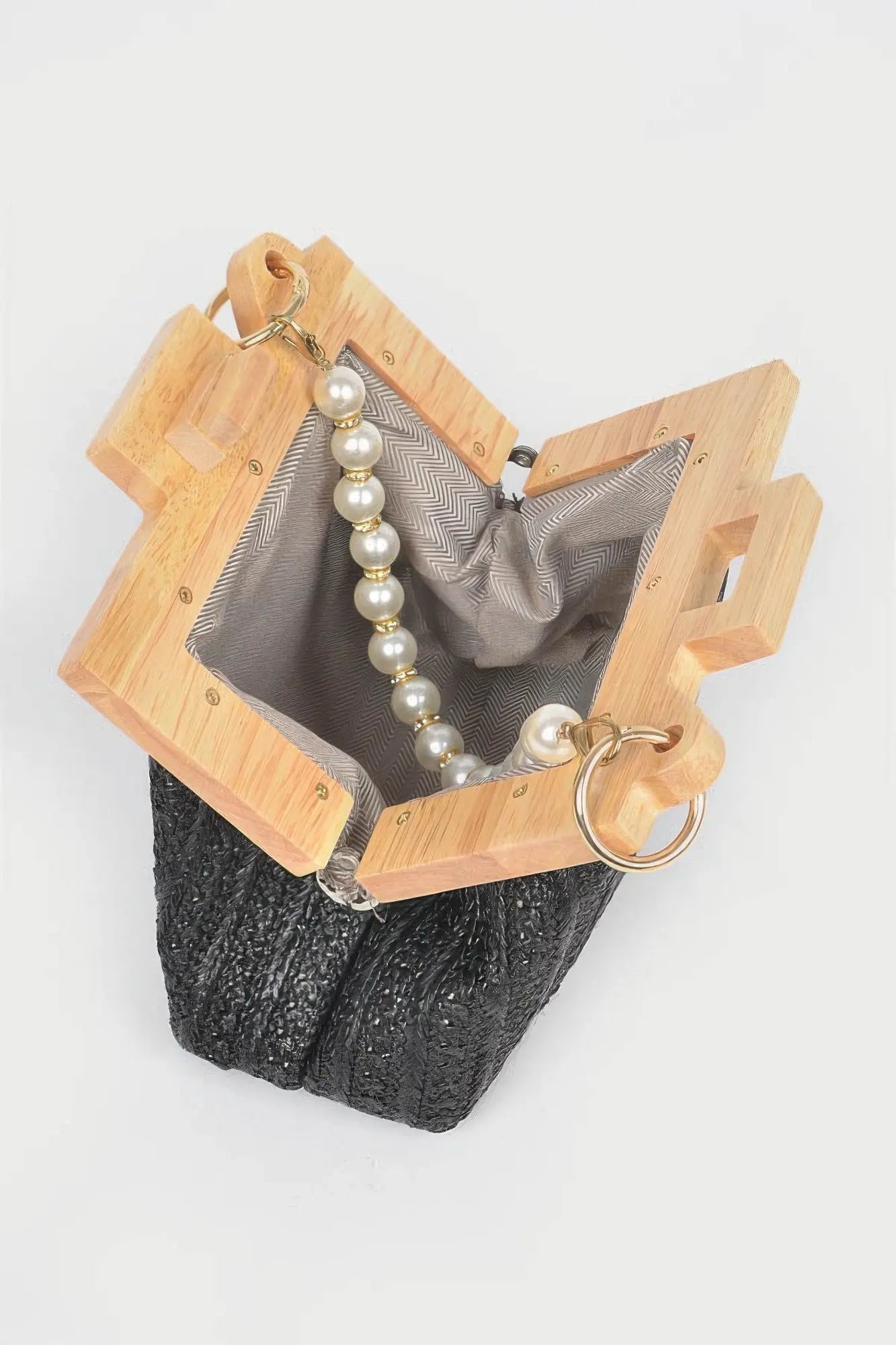 Faux Straw Wood Frame Clutch W/ Faux Pearl Chain - Couture Envy