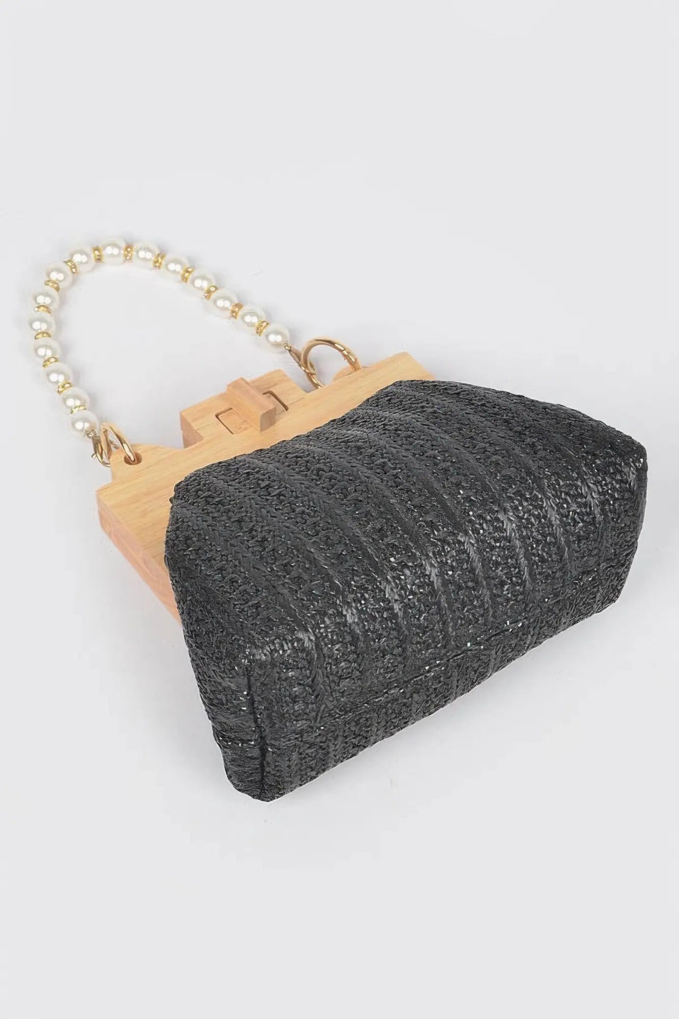 Faux Straw Wood Frame Clutch W/ Faux Pearl Chain - Couture Envy