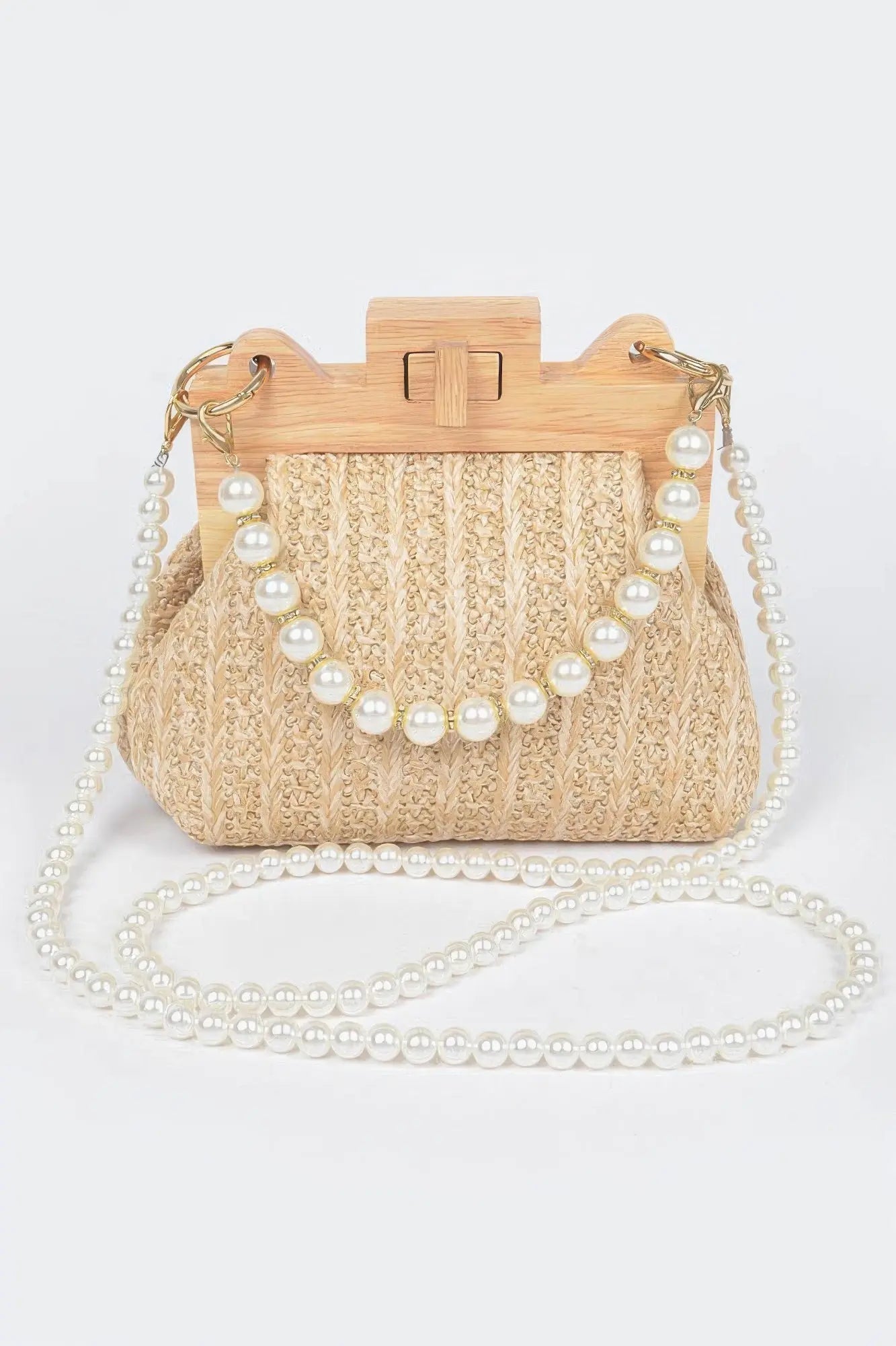 Faux Straw Wood Frame Clutch W/ Faux Pearl Chain - Couture Envy