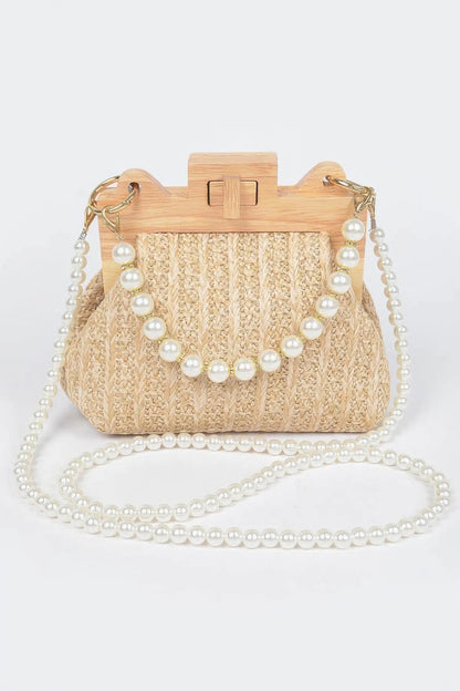Faux Straw Wood Frame Clutch W/ Faux Pearl Chain - Couture Envy