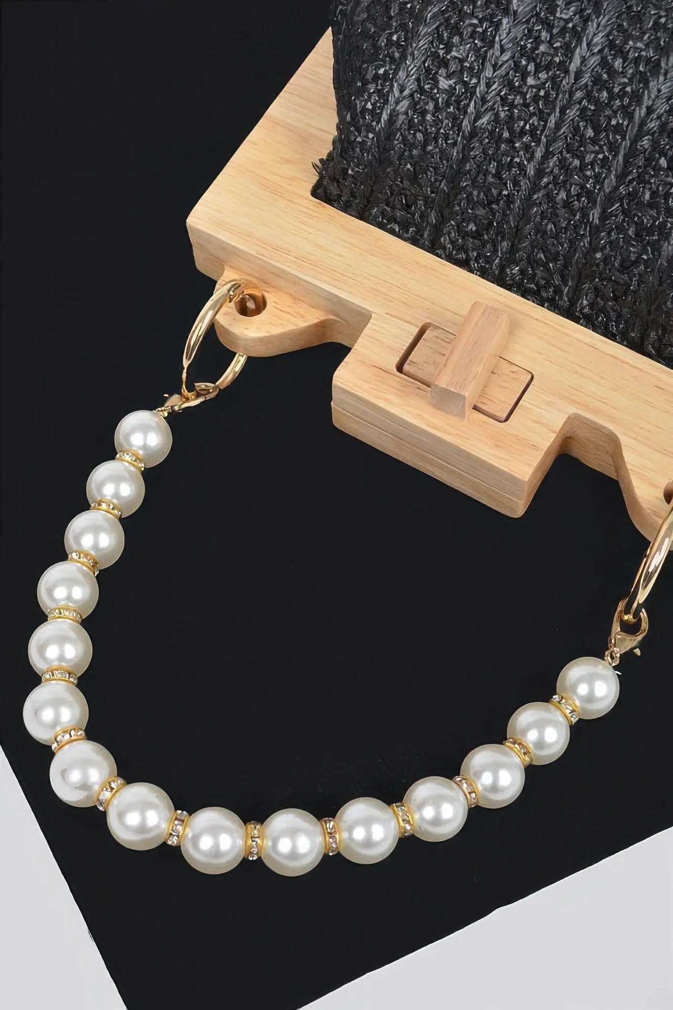 Faux Straw Wood Frame Clutch W/ Faux Pearl Chain - Couture Envy
