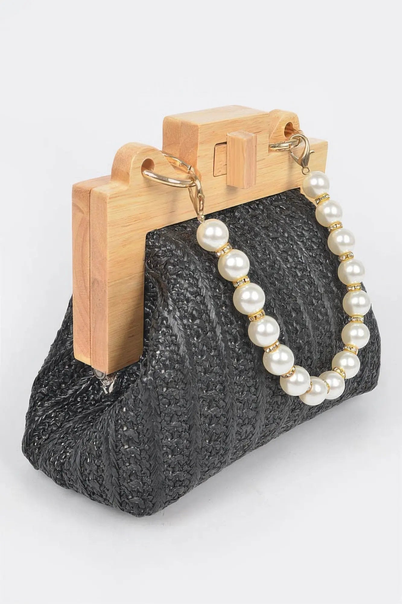 Faux Straw Wood Frame Clutch W/ Faux Pearl Chain - Couture Envy