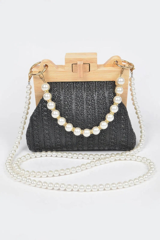 Faux Straw Wood Frame Clutch W/ Faux Pearl Chain - Couture Envy