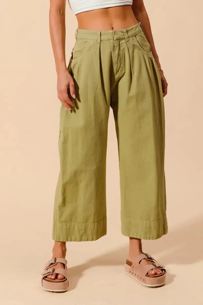 Back view of olive green wide leg chino pants