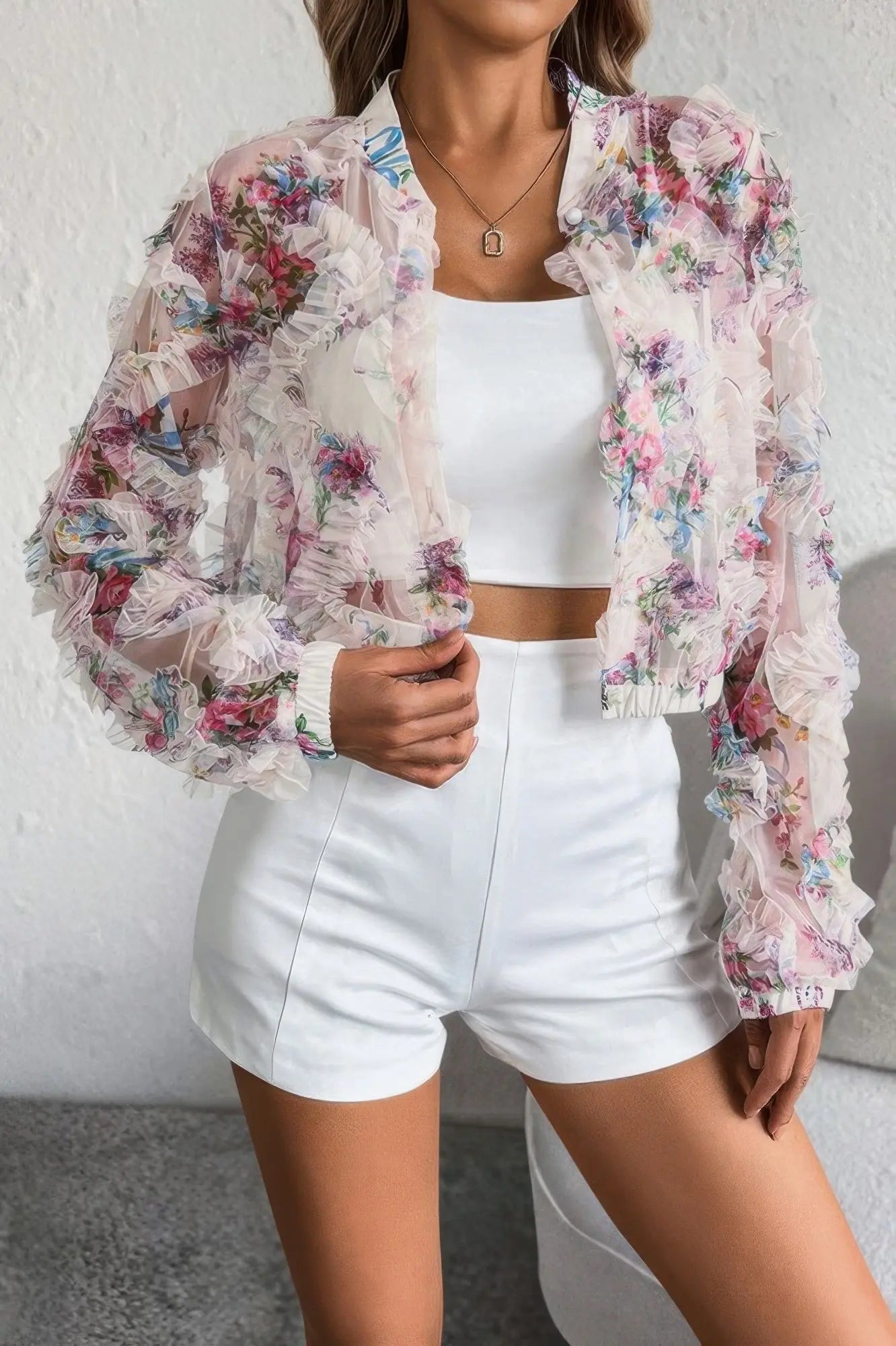 Floral Print Lace Ruffle Open Front Button Shirt - Couture Envy