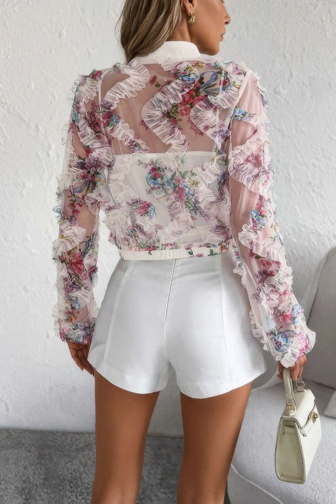 Floral Print Lace Ruffle Open Front Button Shirt - Couture Envy