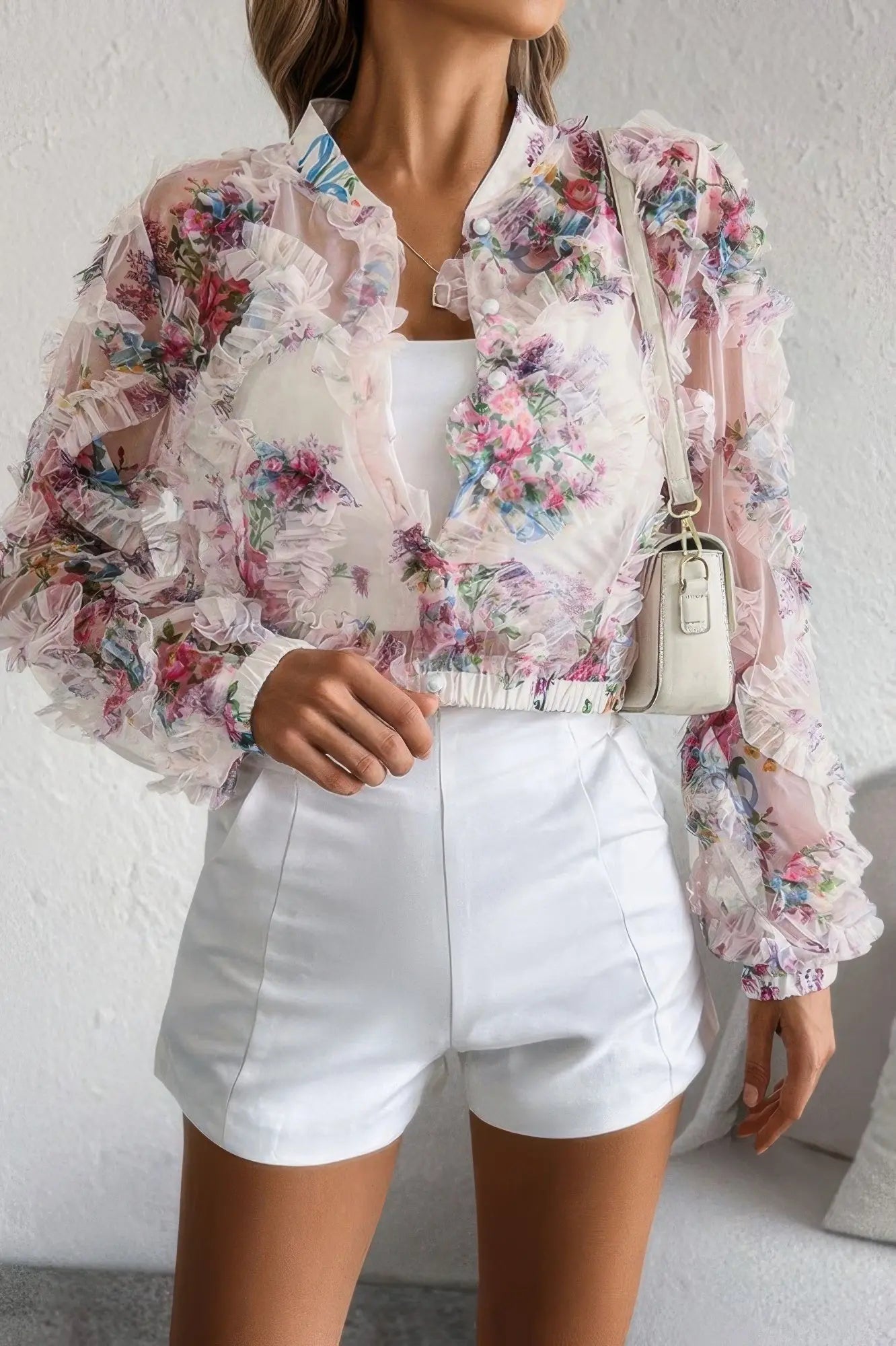 Floral Print Lace Ruffle Open Front Button Shirt - Couture Envy