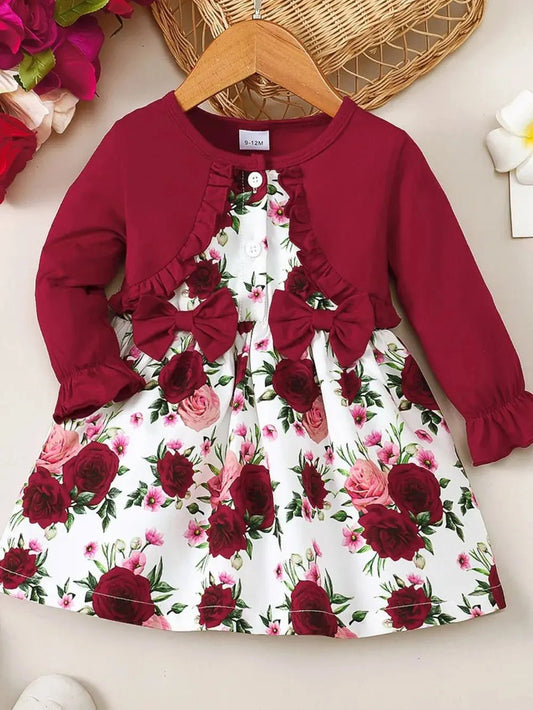 Frill Floral Round Neck Flounce Sleeve Dress - Couture Envy