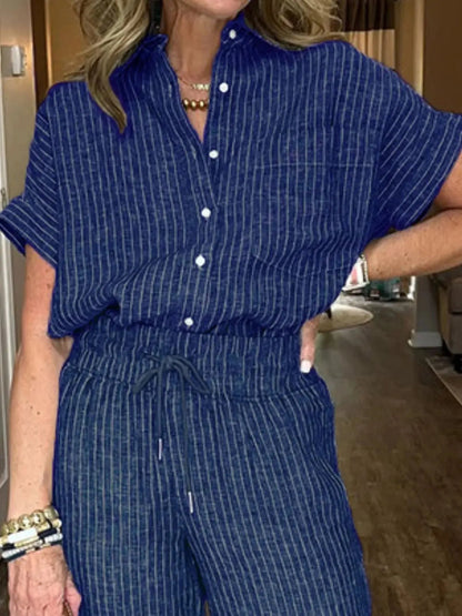 Full Size Button - Up Shirt and Wide - Leg Pants Set Plus Size - Couture Envy