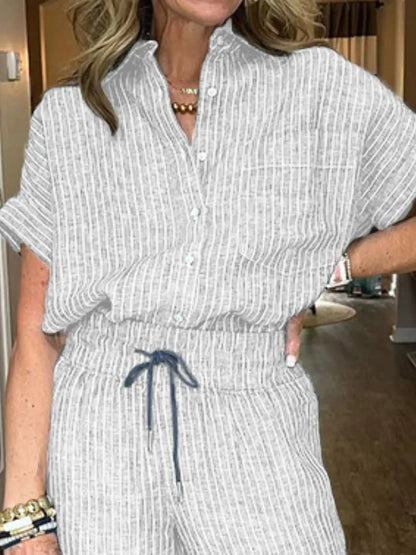 Full Size Button - Up Shirt and Wide - Leg Pants Set Plus Size - Couture Envy