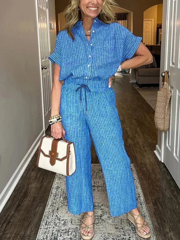 Full Size Button - Up Shirt and Wide - Leg Pants Set Plus Size - Couture Envy
