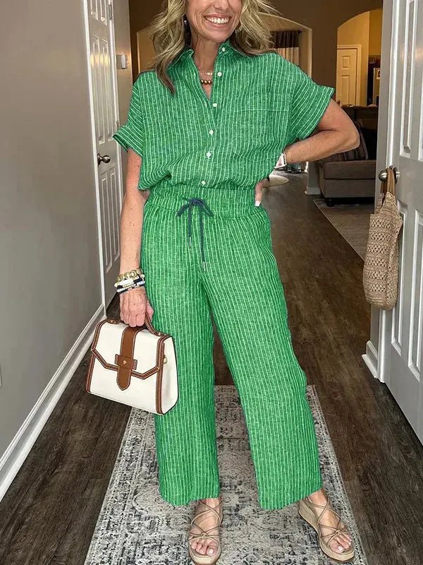 Full Size Button - Up Shirt and Wide - Leg Pants Set Plus Size - Couture Envy