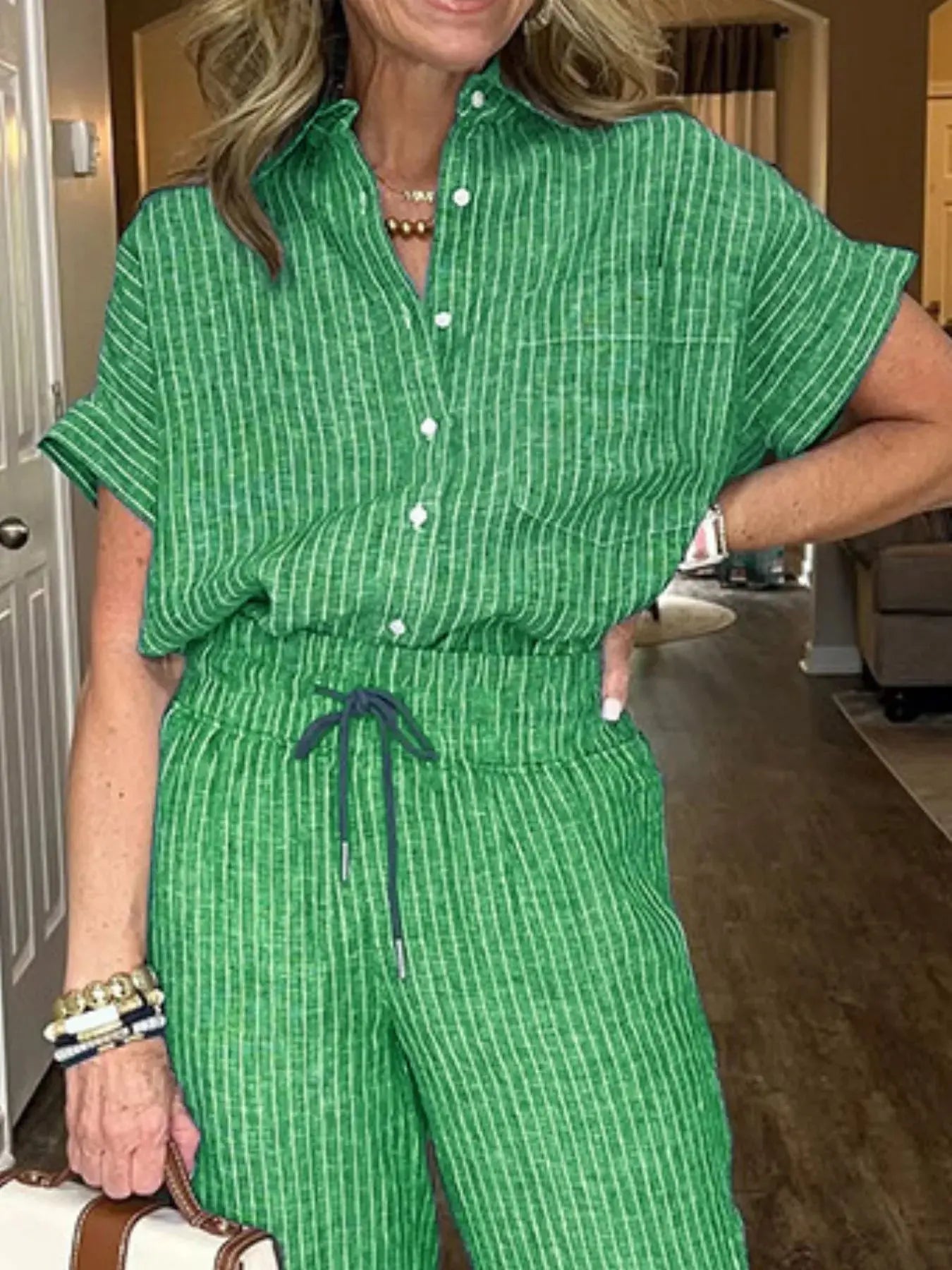 Full Size Button - Up Shirt and Wide - Leg Pants Set Plus Size - Couture Envy