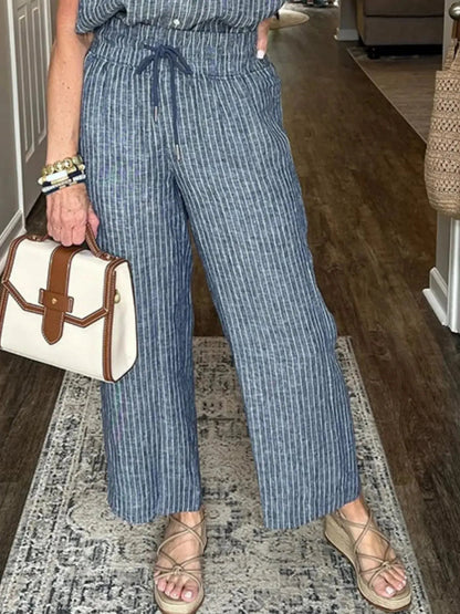 Full Size Button - Up Shirt and Wide - Leg Pants Set Plus Size - Couture Envy