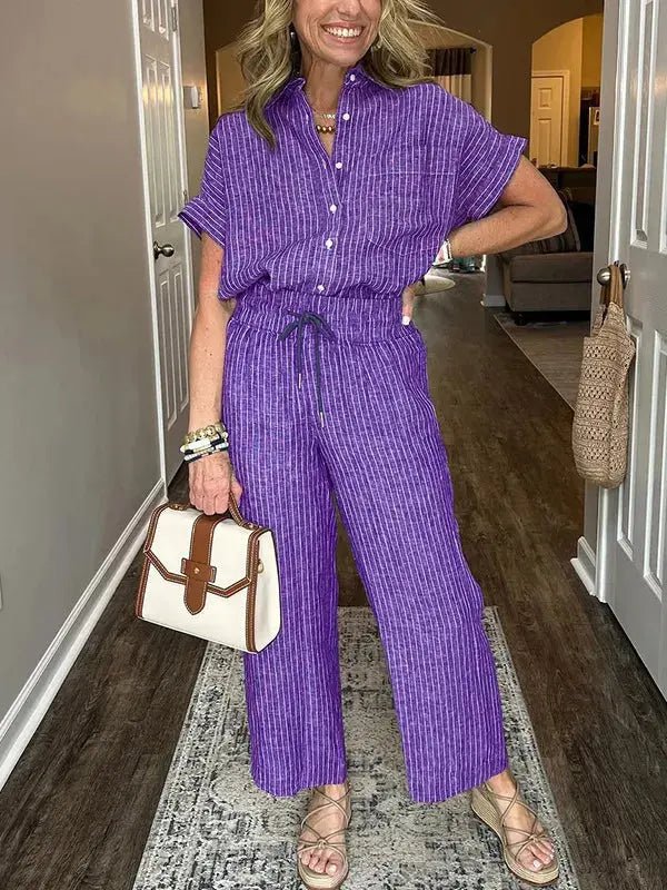 Full Size Button - Up Shirt and Wide - Leg Pants Set Plus Size - Couture Envy