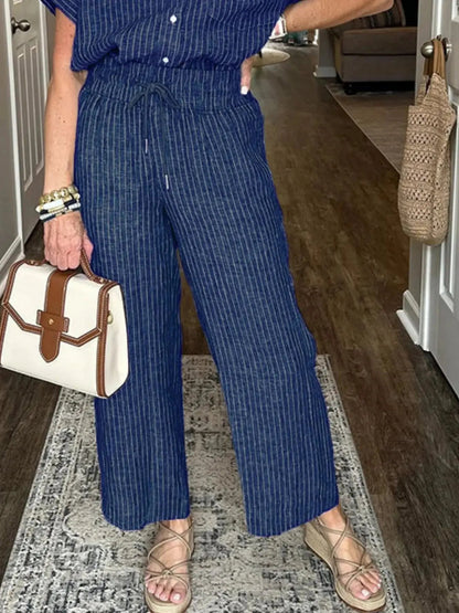 Full Size Button - Up Shirt and Wide - Leg Pants Set Plus Size - Couture Envy