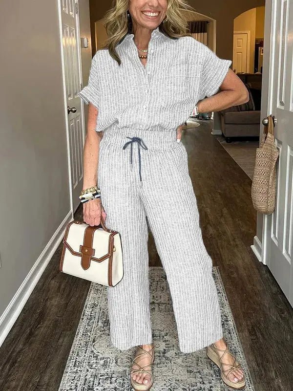 Full Size Button - Up Shirt and Wide - Leg Pants Set Plus Size - Couture Envy