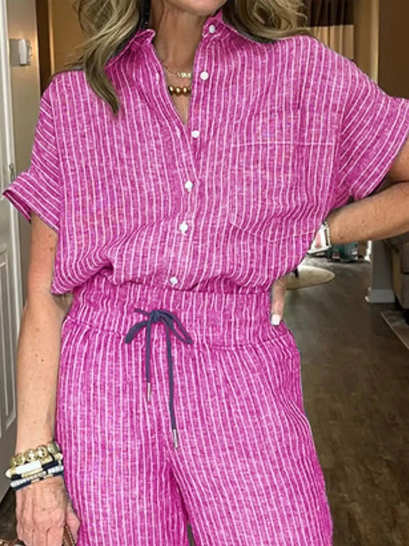Full Size Button - Up Shirt and Wide - Leg Pants Set Plus Size - Couture Envy