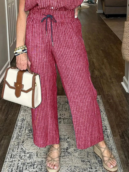 Full Size Button - Up Shirt and Wide - Leg Pants Set Plus Size - Couture Envy