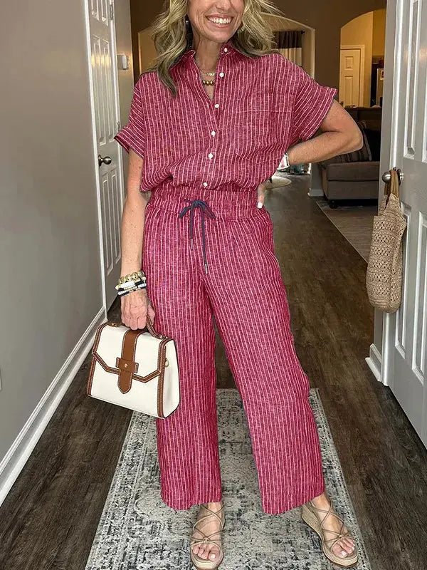 Full Size Button - Up Shirt and Wide - Leg Pants Set Plus Size - Couture Envy