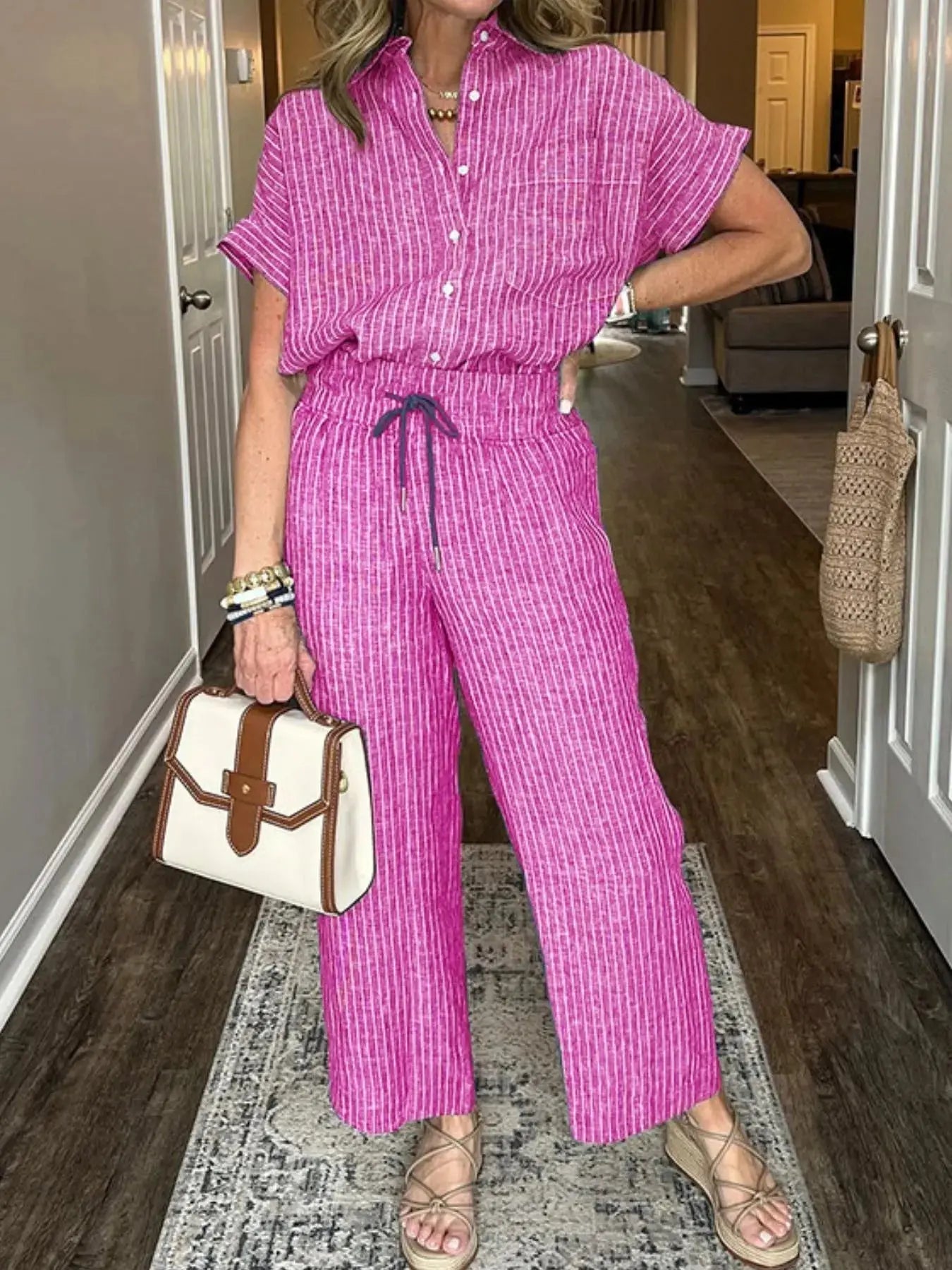 Full Size Button - Up Shirt and Wide - Leg Pants Set Plus Size - Couture Envy