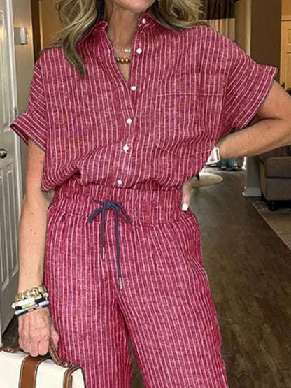 Full Size Button - Up Shirt and Wide - Leg Pants Set Plus Size - Couture Envy
