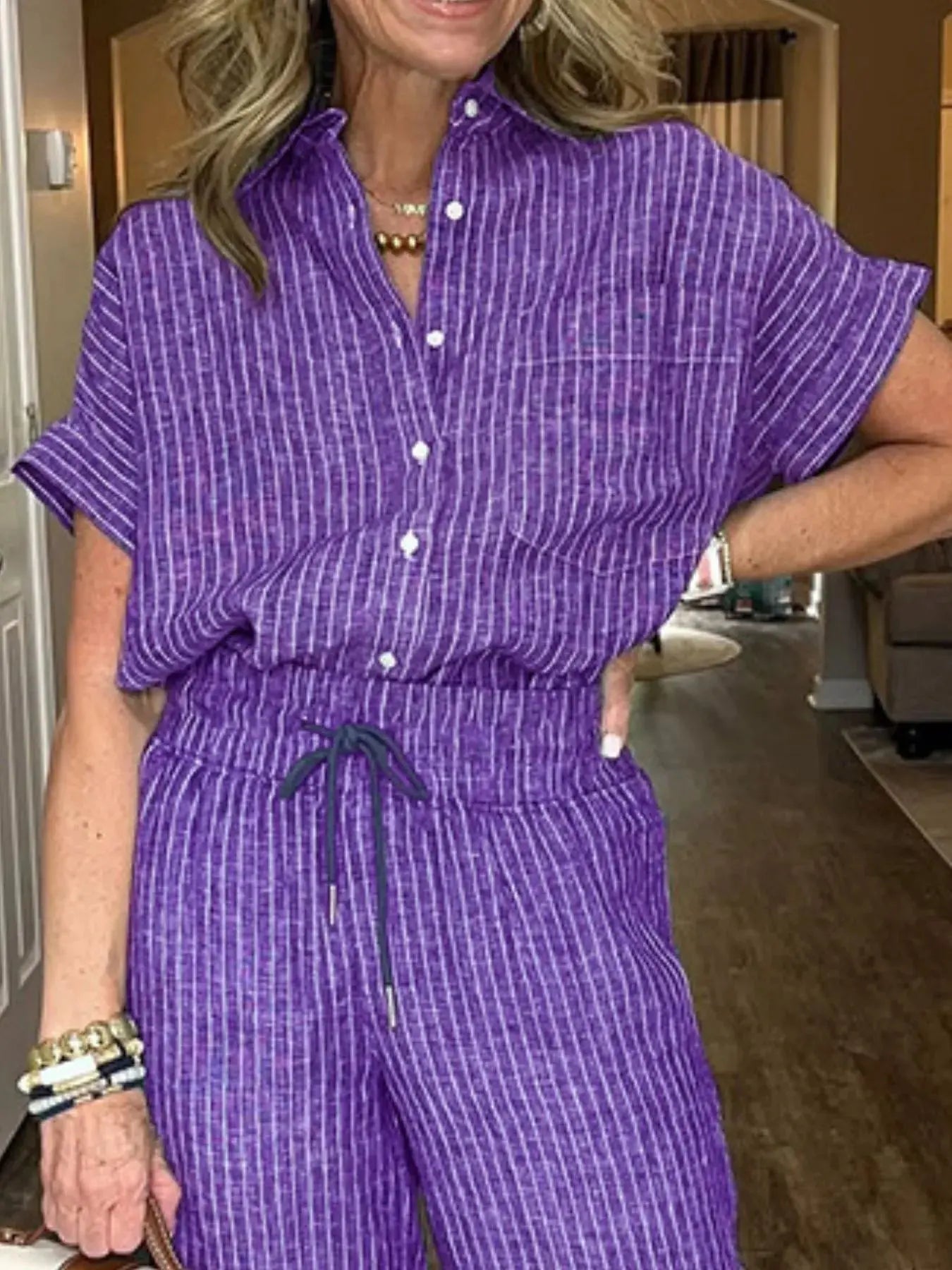 Full Size Button - Up Shirt and Wide - Leg Pants Set Plus Size - Couture Envy