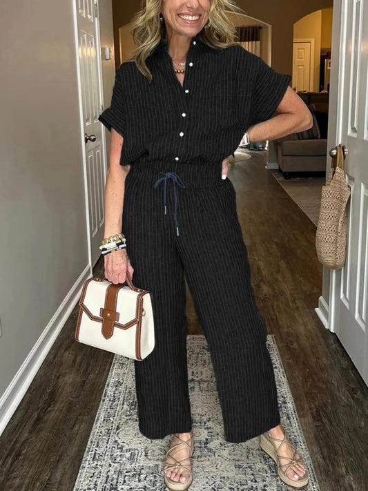 Full Size Button - Up Shirt and Wide - Leg Pants Set Plus Size - Couture Envy