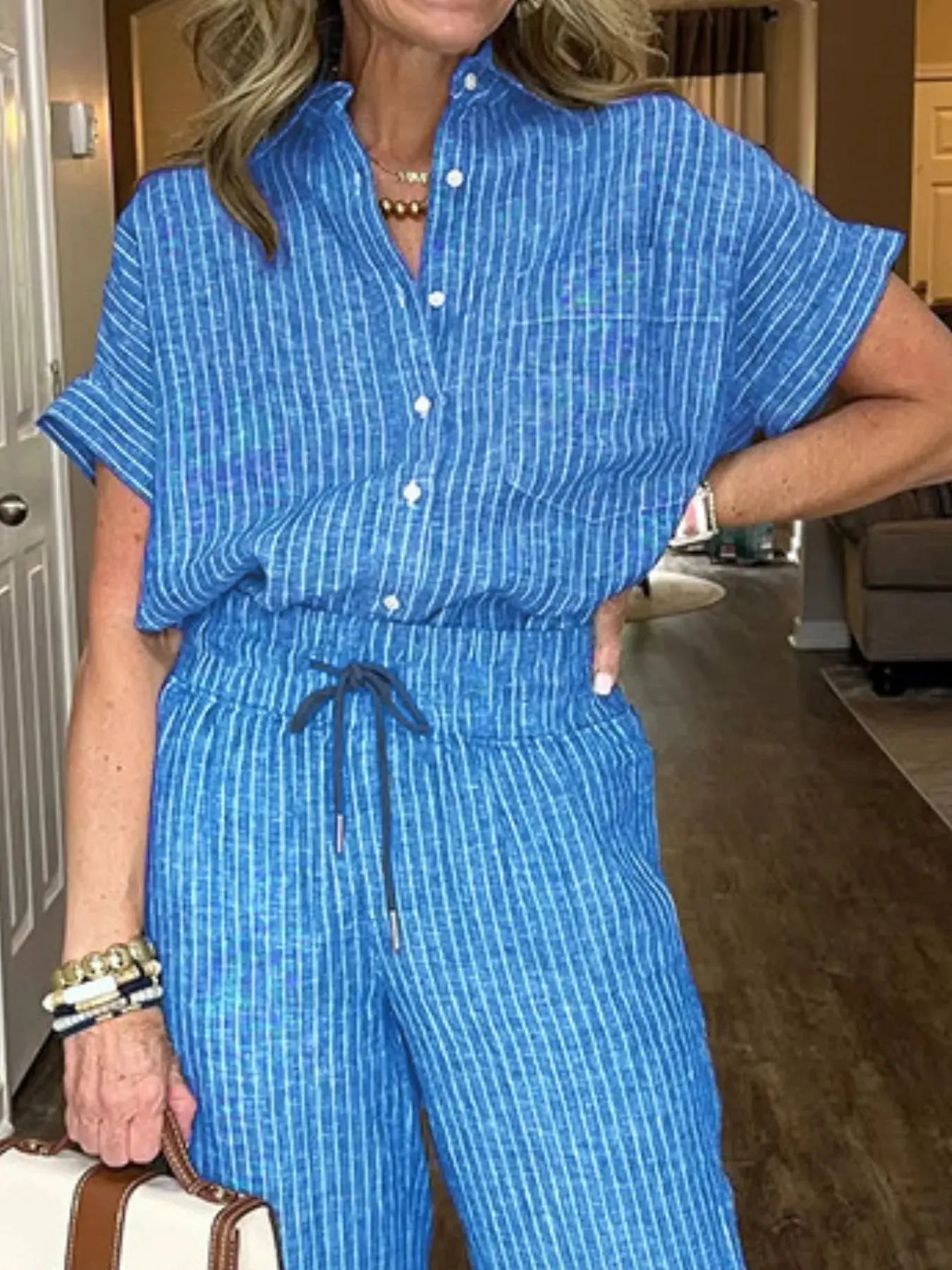 Full Size Button - Up Shirt and Wide - Leg Pants Set Plus Size - Couture Envy