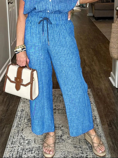 Full Size Button - Up Shirt and Wide - Leg Pants Set Plus Size - Couture Envy