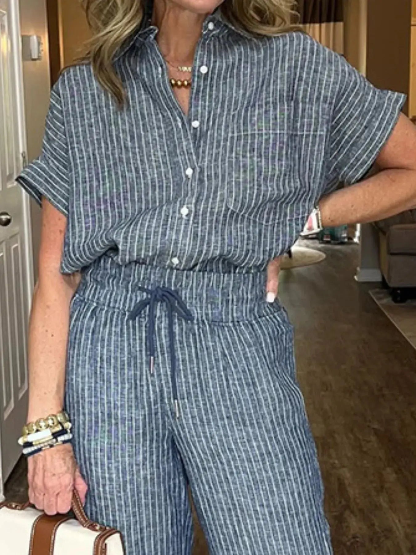 Full Size Button - Up Shirt and Wide - Leg Pants Set Plus Size - Couture Envy