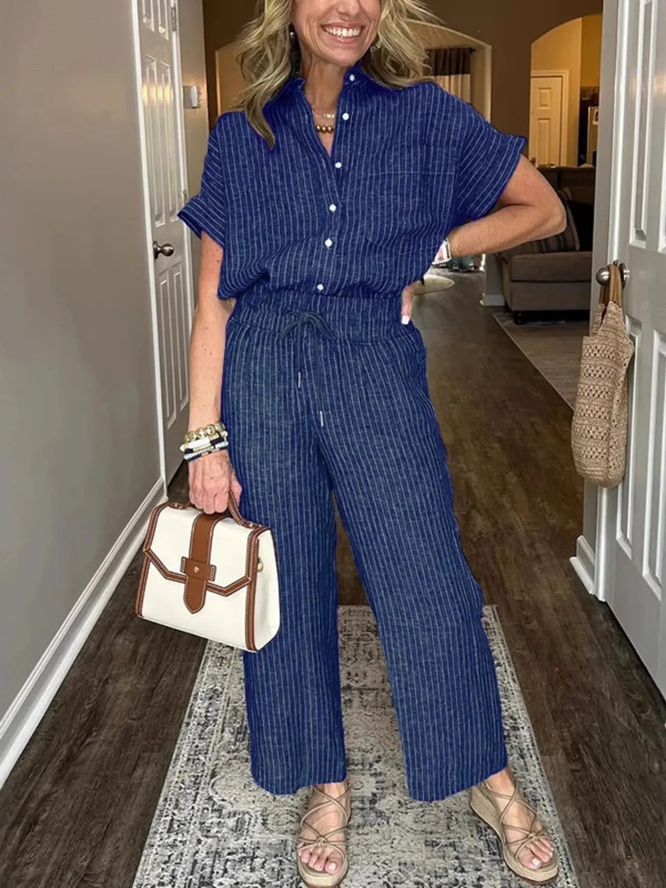 Full Size Button - Up Shirt and Wide - Leg Pants Set Plus Size - Couture Envy