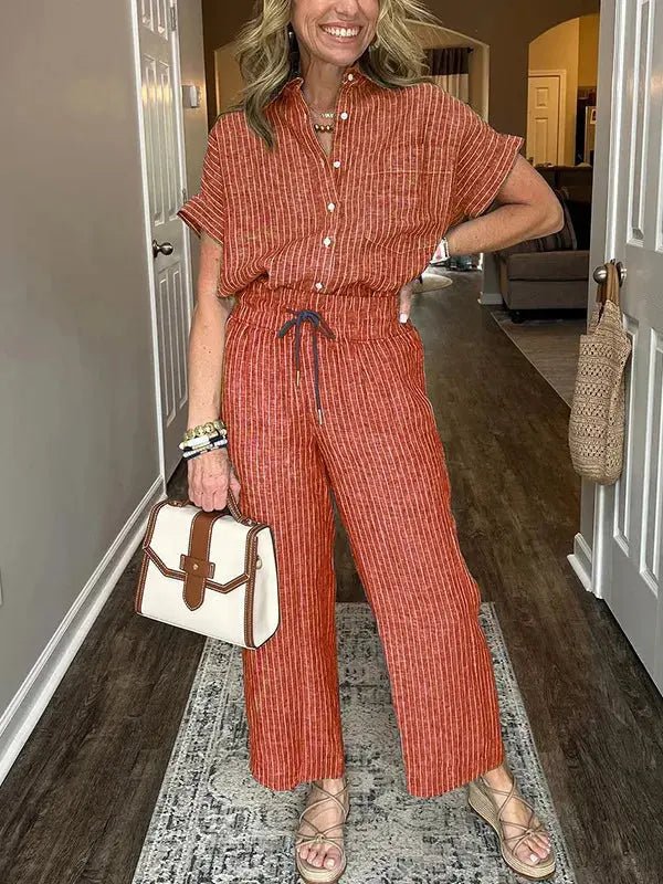 Full Size Button - Up Shirt and Wide - Leg Pants Set Plus Size - Couture Envy