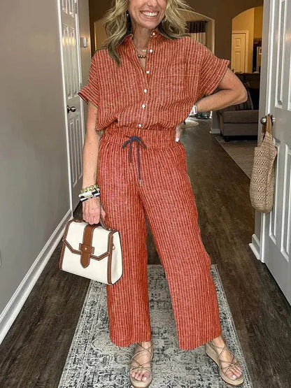 Full Size Button - Up Shirt and Wide - Leg Pants Set Plus Size - Couture Envy