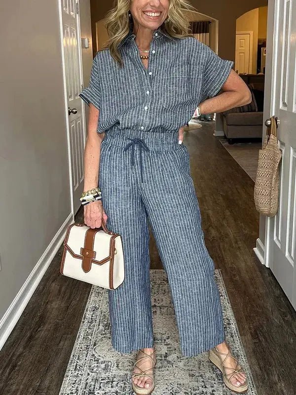 Full Size Button - Up Shirt and Wide - Leg Pants Set Plus Size - Couture Envy