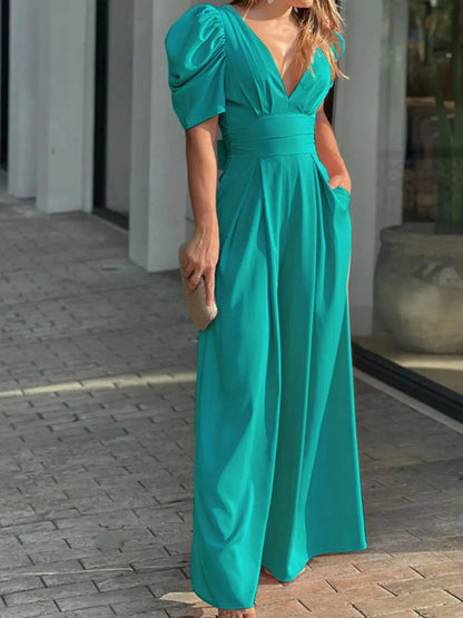 Full Size Cutout V - Neck Puff Sleeve Jumpsuit Plus Size - Couture Envy