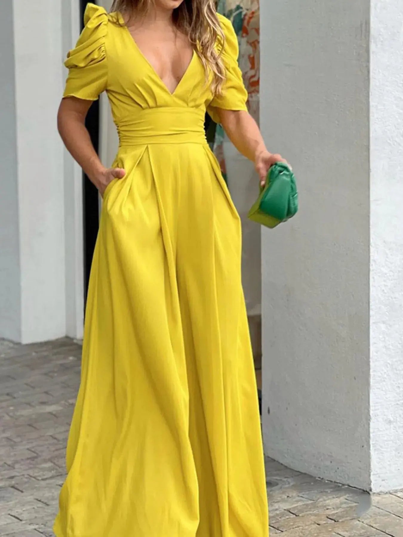 Full Size Cutout V - Neck Puff Sleeve Jumpsuit Plus Size - Couture Envy