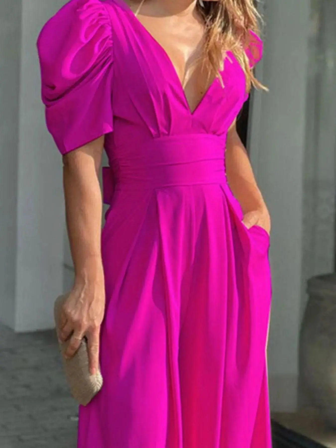 Full Size Cutout V - Neck Puff Sleeve Jumpsuit Plus Size - Couture Envy