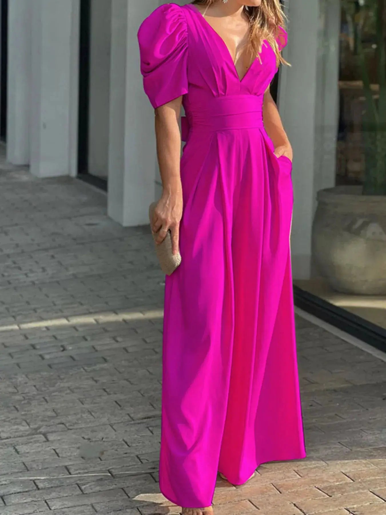 Full Size Cutout V - Neck Puff Sleeve Jumpsuit Plus Size - Couture Envy