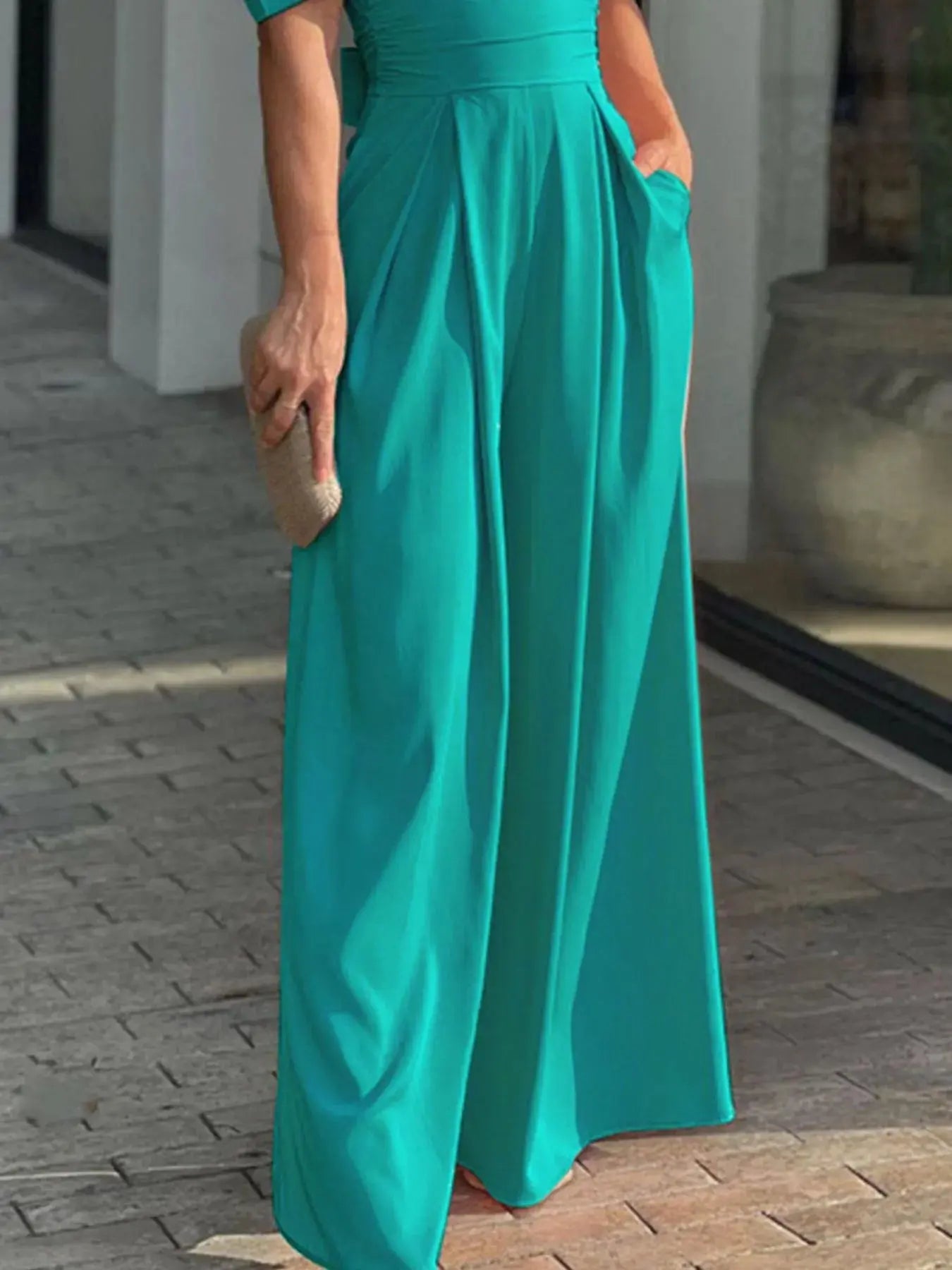 Full Size Cutout V - Neck Puff Sleeve Jumpsuit Plus Size - Couture Envy