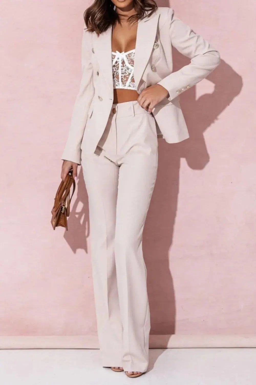 Full Size Lapel Collar Long Sleeve Blazer and Pants Set Plus Size - Couture Envy