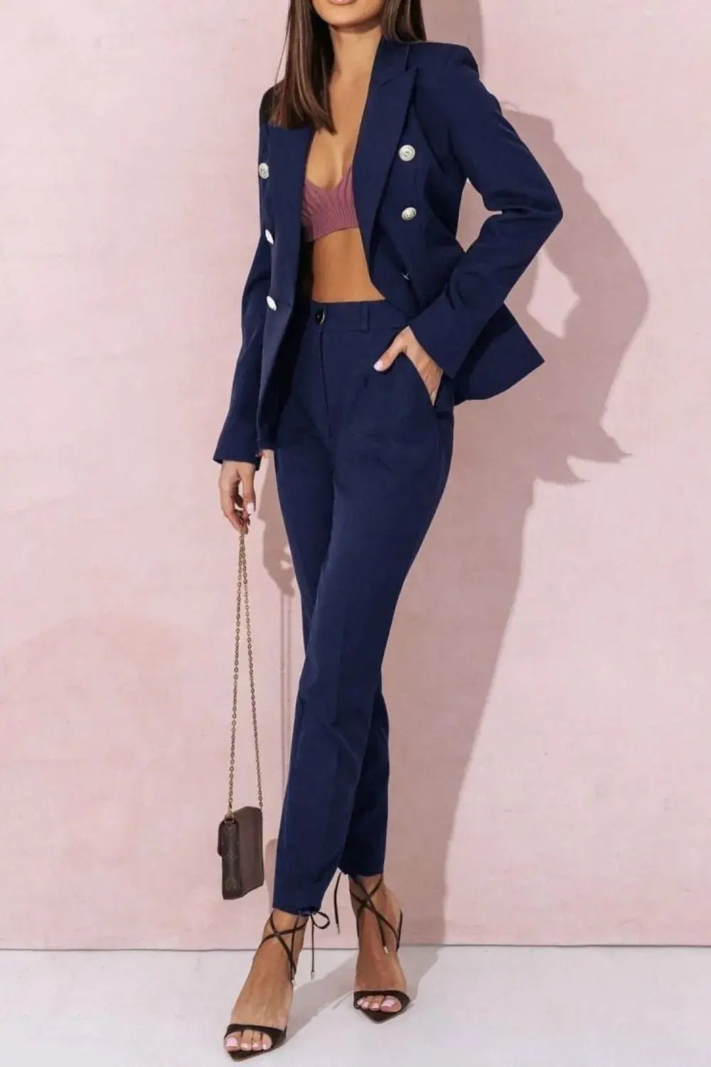 Full Size Lapel Collar Long Sleeve Blazer and Pants Set Plus Size - Couture Envy