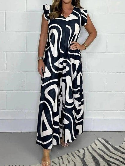 Full Size Printed Wide - Leg Jumpsuit with Flutter Sleeves Plus Size - Couture Envy
