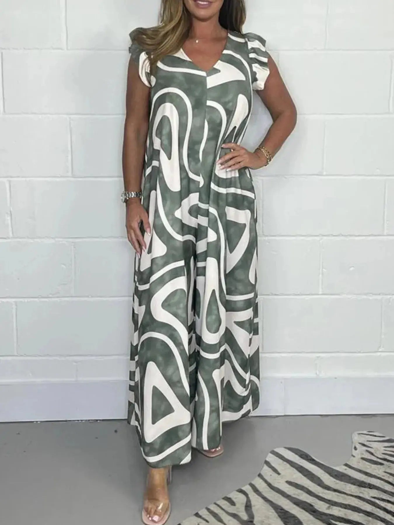 Full Size Printed Wide - Leg Jumpsuit with Flutter Sleeves Plus Size - Couture Envy