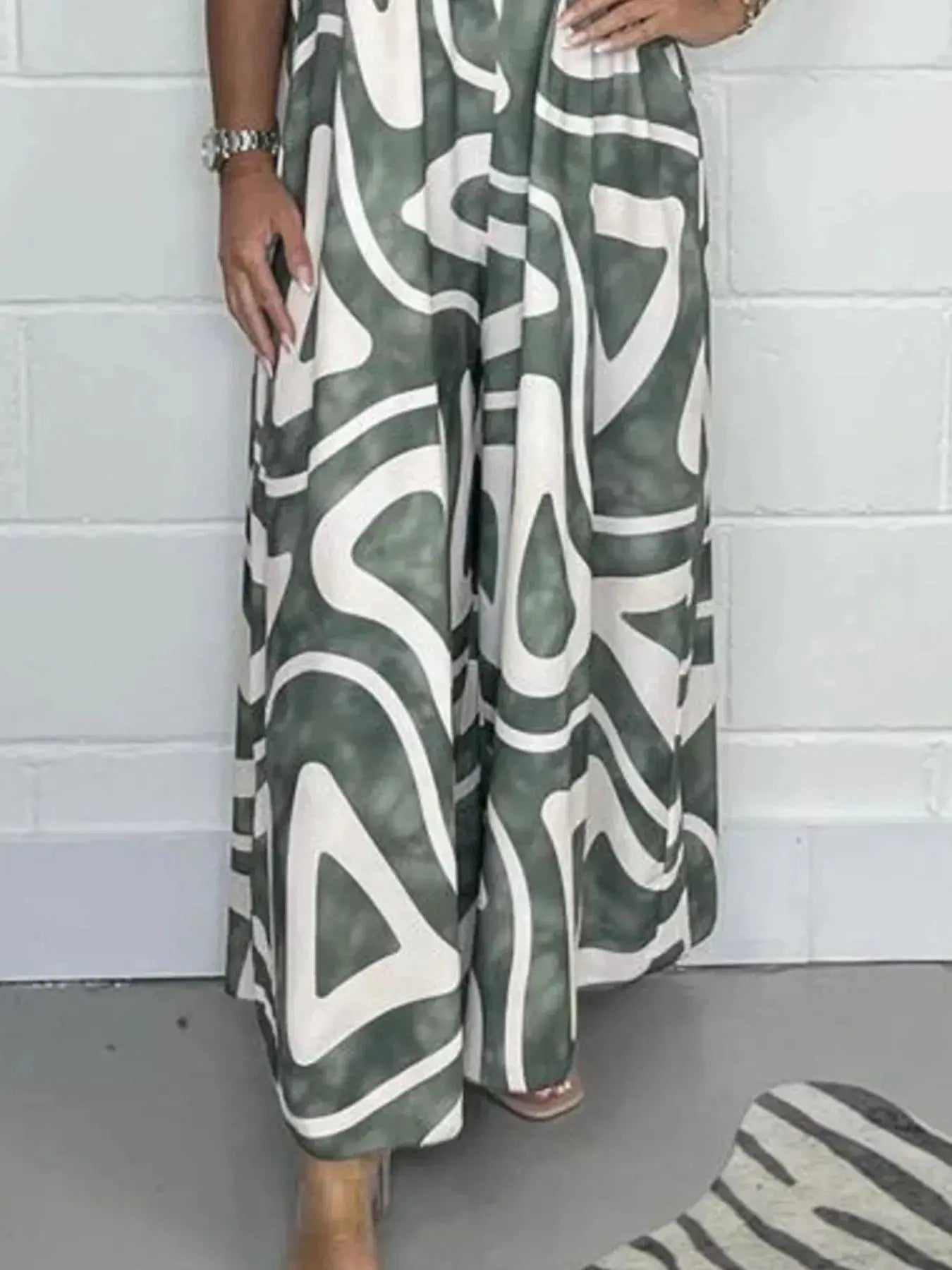 Full Size Printed Wide - Leg Jumpsuit with Flutter Sleeves Plus Size - Couture Envy