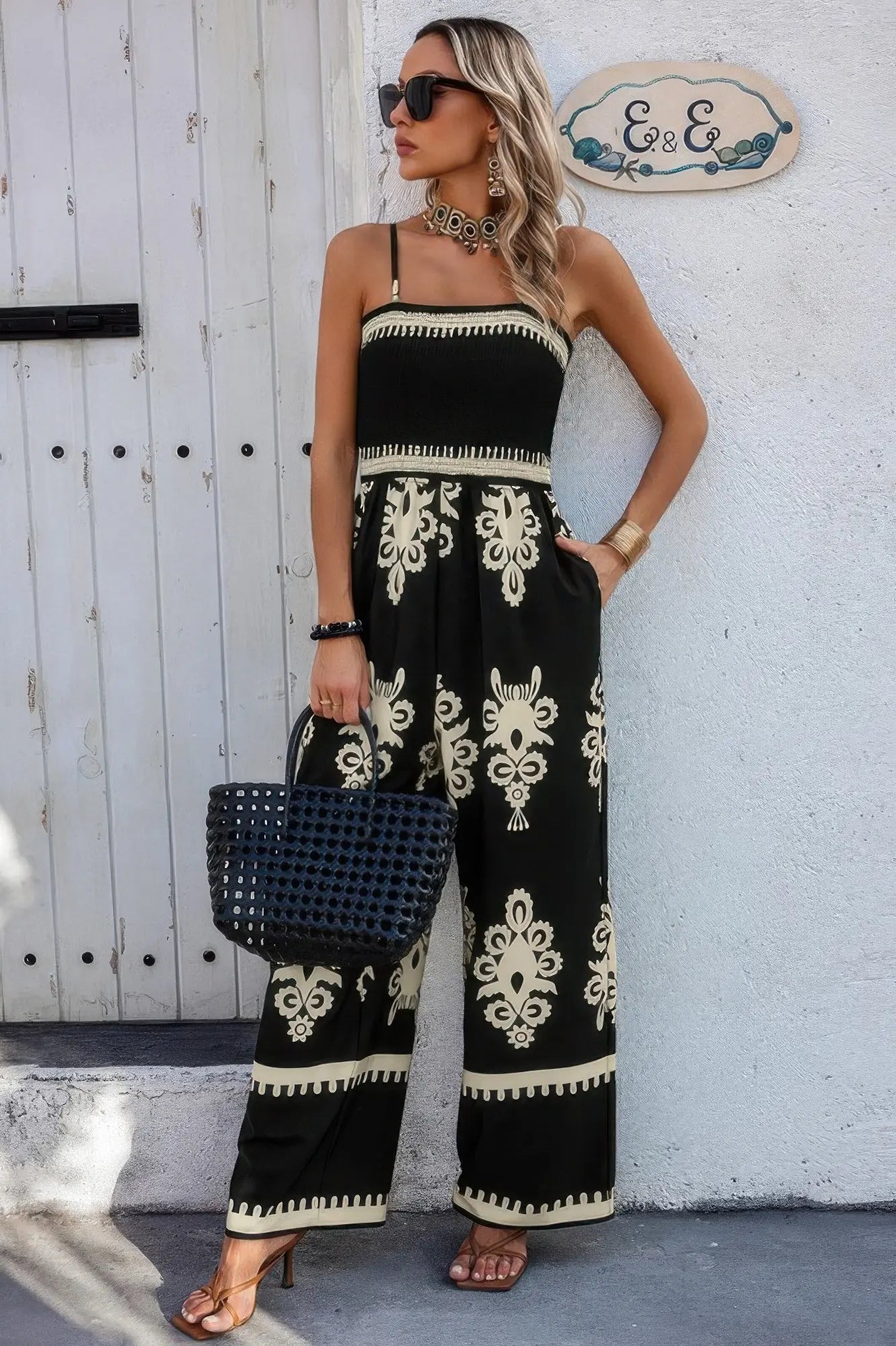 Geo Print Off Shoulder High Waist Fit Jumpsuit - Couture Envy