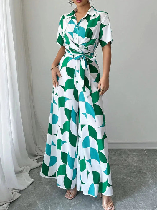Geometric Print Belted Wide Leg Jumpsuit - Couture Envy
